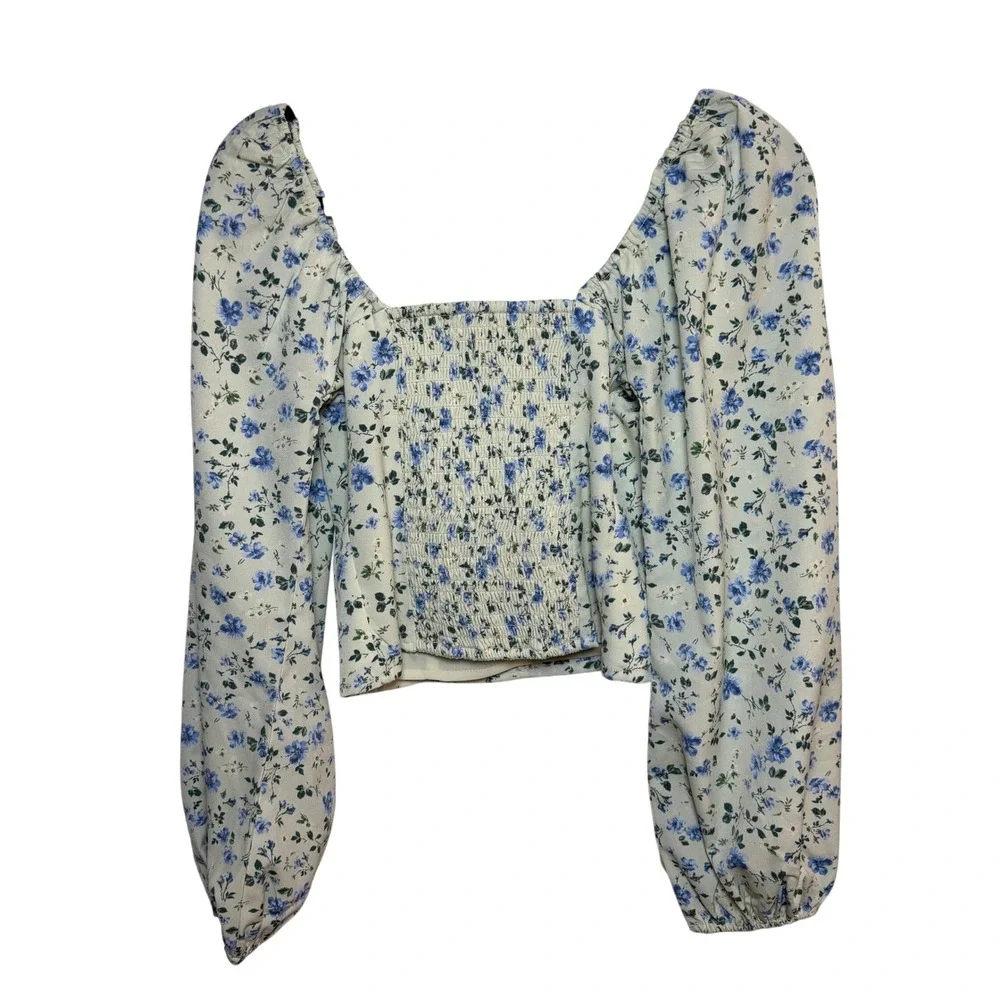 Abercrombie  Puff Sleeve Top Sz XXS Green Floral Tie Boho Cottagecore Sweetheart